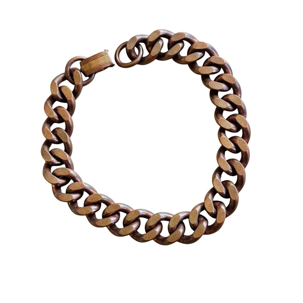 VTG Solid Copper Biker Thick Bracelet Statement Curved Cuban Link Retro 70s 9"
